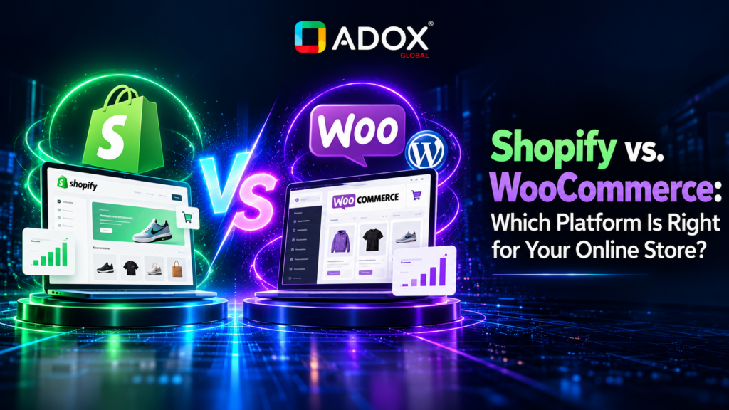 Shopify vs. WooCommerce comparison banner by ADOX Global, highlighting e-commerce platforms for choosing the right online store solution.